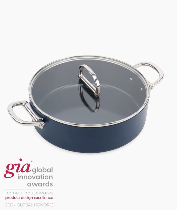 Space Folding Handle Ceramic Non-stick 5 Qt. Blue Shallow Casserole Pan & Lid - Kitchen Equipped