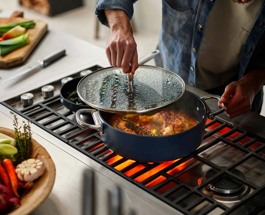 Space Folding Handle Ceramic Non-stick 5 Qt. Blue Shallow Casserole Pan & Lid