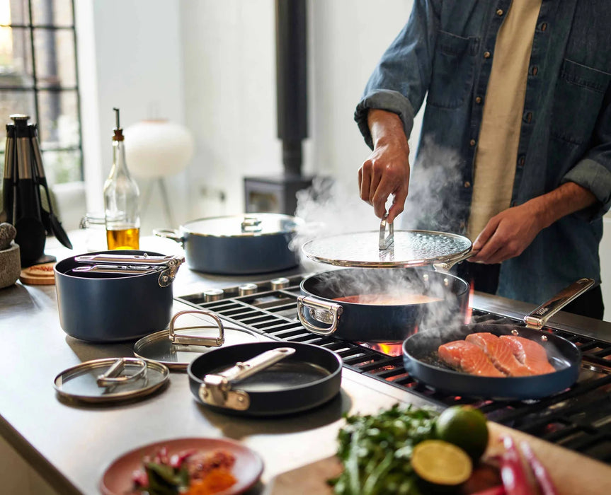 Space Folding Handle Ceramic Non-stick 10-piece Blue Cookware Set - Kitchen Equipped