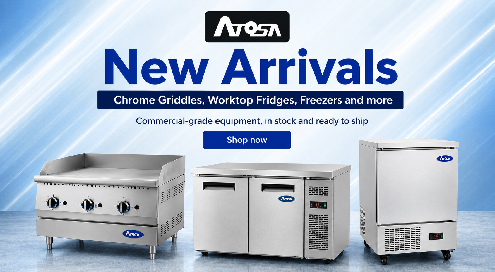 Atosa commercial kitchen equipment including griddles, refrigerators and freezer. 