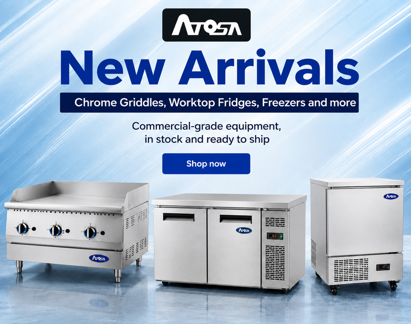 Atosa commercial cooking equipment including griddles, refrigerators and freezer.