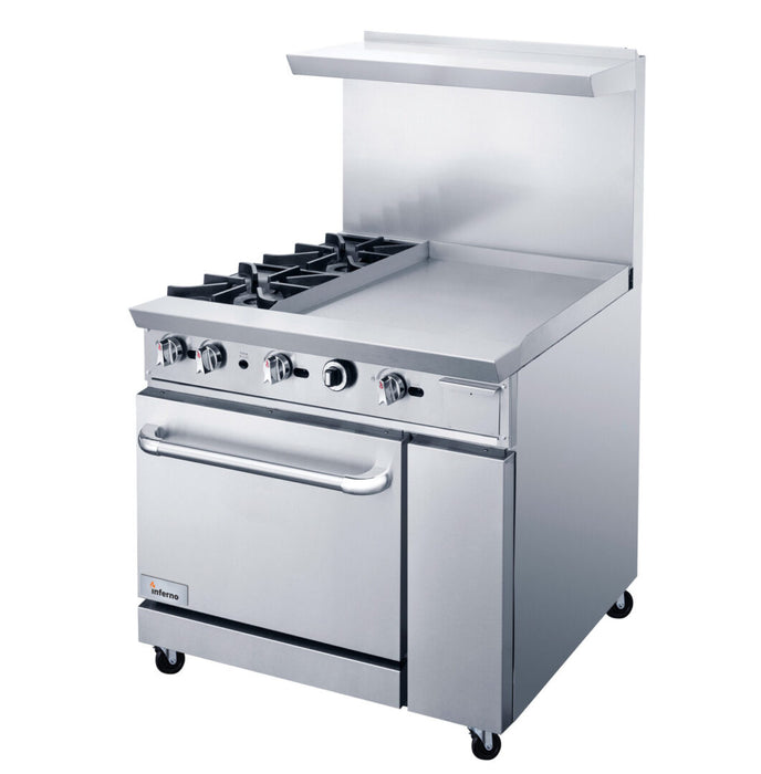 36" Restaurant Gas Range with 2 open burners, 24" griddle