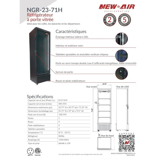 New Air Commercial 23″ 8.1 Cu. Ft. Glass Door Merchandiser REFRIGERATOR (NGR-23-71H) - All Black