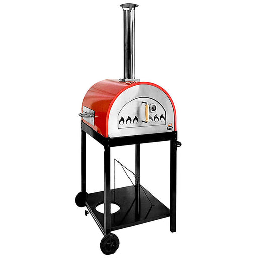 WPPO WKE-04G-BLK Black/Red 27" Hybrid Dual Fueled Wood / Gas Fire Pizza Oven Starter Kit with Mobile Stand