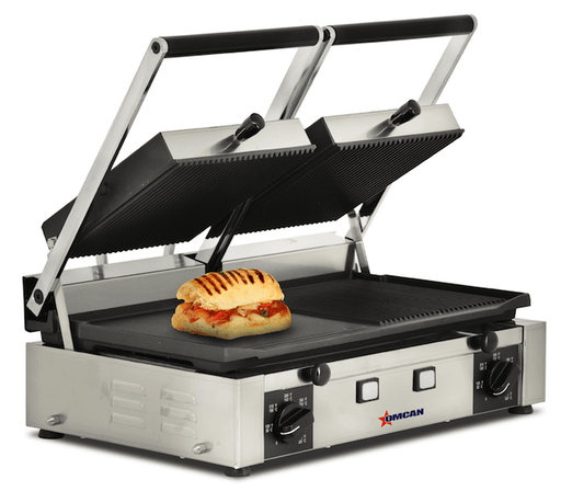 Omcan PG-IT-0737 - 19" x 10" Double Panini Grill - Grooved Top, Mixed Bottom | Kitchen Equipped