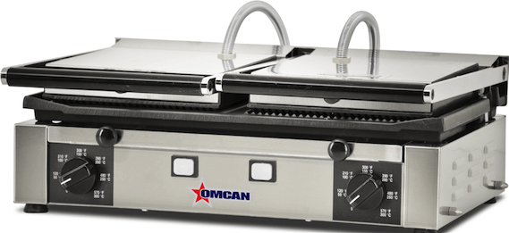 Omcan PG-IT-0737 - 19" x 10" Double Panini Grill - Grooved Top, Mixed Bottom