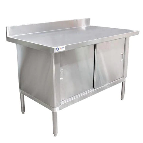 Omcan - Stainless Steel Work Table with Cabinet & Backsplash - 30" Deep, Overhanging Edge